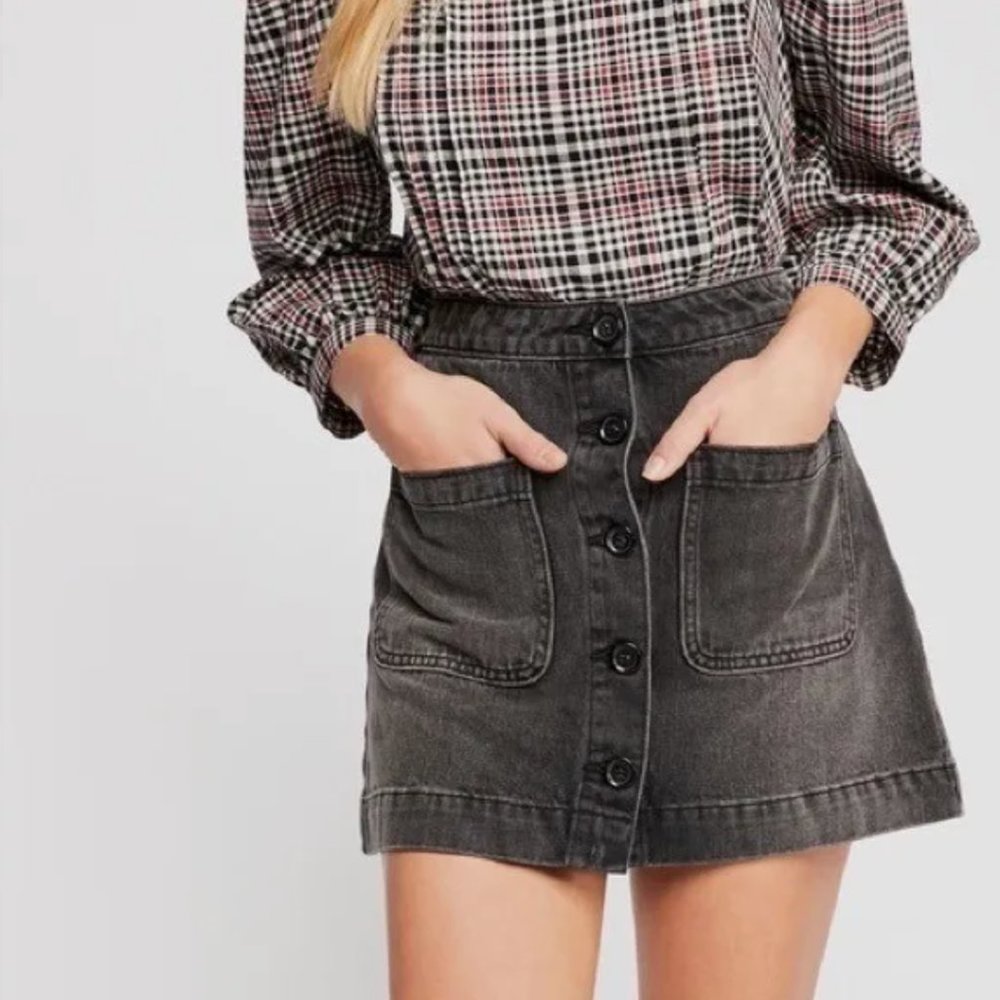 We The Free (Free People) Don’t Get Me Wrong Black Denim Button Front Mini Skirt